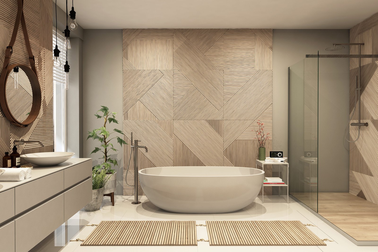 Badgestaltung mit Waschbecken und freistehender Badewanne